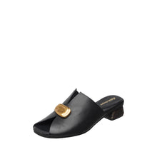 Womens Leather Mule Slides Gold Buckle Block Heel Comfort - Black - Thumbnail 2 | B06 Lydia