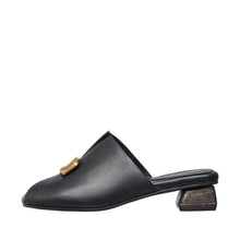 Womens Leather Mule Slides Gold Buckle Block Heel Comfort - Black - Thumbnail 3 | B06 Lydia