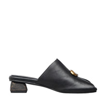 Womens Leather Mule Slides Gold Buckle Block Heel Comfort - Black - Thumbnail 4 | B06 Lydia