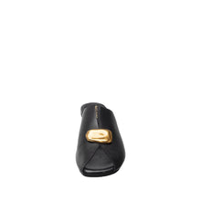 Womens Leather Mule Slides Gold Buckle Block Heel Comfort - Black - Thumbnail 5 | B06 Lydia