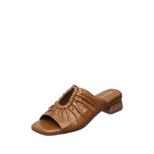 Womens Ruched Leather Slide Mules Low Heel Comfort - Cognac - Thumbnail 2 | B07 Leah