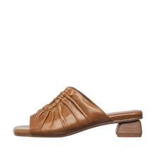 Womens Ruched Leather Slide Mules Low Heel Comfort - Cognac - Thumbnail 3 | B07 Leah