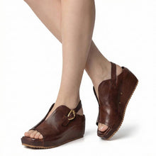 Womens Leather Slingback Wedge Sandals Platform Comfort Style - Chocolate - Thumbnail 1 | D16 Mindy