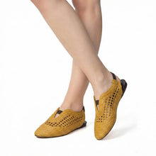 Womens Woven Leather Slingback Flats Breathable Summer Comfort - Mustard - Thumbnail 1 | J02 Daisy