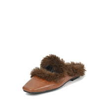Fur Trim Flat Mules Nappa Leather Slip On - Cognac - Thumbnail 6 | J11 Anni