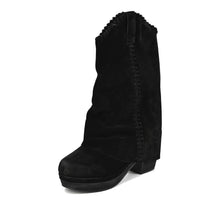 Fold Over Boots Mid Calf Suede Platform - Black - Thumbnail 2 | R39 Talia