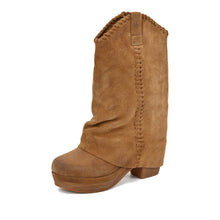 Fold Over Boots Mid Calf Suede Platform - Taupe - Thumbnail 1 | R39 Talia