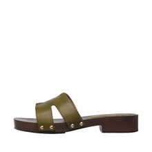 Womens Leather H Strap Slide Sandals Wooden Heel Comfort - Olive - Thumbnail 2 | S90 Alex
