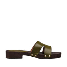 Womens Leather H Strap Slide Sandals Wooden Heel Comfort - Olive - Thumbnail 3 | S90 Alex