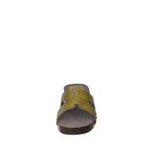 Womens Leather H Strap Slide Sandals Wooden Heel Comfort - Olive - Thumbnail 4 | S90 Alex