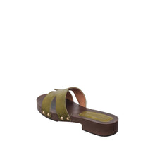 Womens Leather H Strap Slide Sandals Wooden Heel Comfort - Olive - Thumbnail 5 | S90 Alex