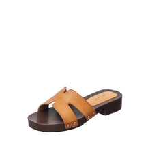 Womens Leather H Strap Slide Sandals Wooden Heel Comfort - Tan - Thumbnail 6 | S90 Alex