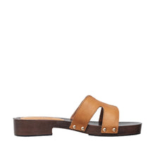 Womens Leather H Strap Slide Sandals Wooden Heel Comfort - Tan - Thumbnail 8 | S90 Alex