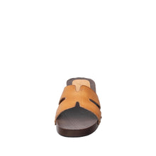 Womens Leather H Strap Slide Sandals Wooden Heel Comfort - Tan - Thumbnail 9 | S90 Alex