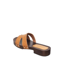 Womens Leather H Strap Slide Sandals Wooden Heel Comfort - Tan - Thumbnail 10 | S90 Alex