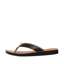 Womens Leather Thong Sandals Gold Accent Comfort Style - Black - Thumbnail 2 | T50 Addison