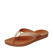 Womens Leather Thong Sandals Gold Accent Comfort Style - Tan - Thumbnail 2 | T50 Addison