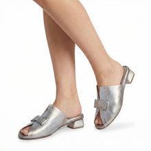 Womens Metallic Leather Bow Mules Low Block Heel Chic Comfort - Aqua - Thumbnail 1 | B02 Leigh
