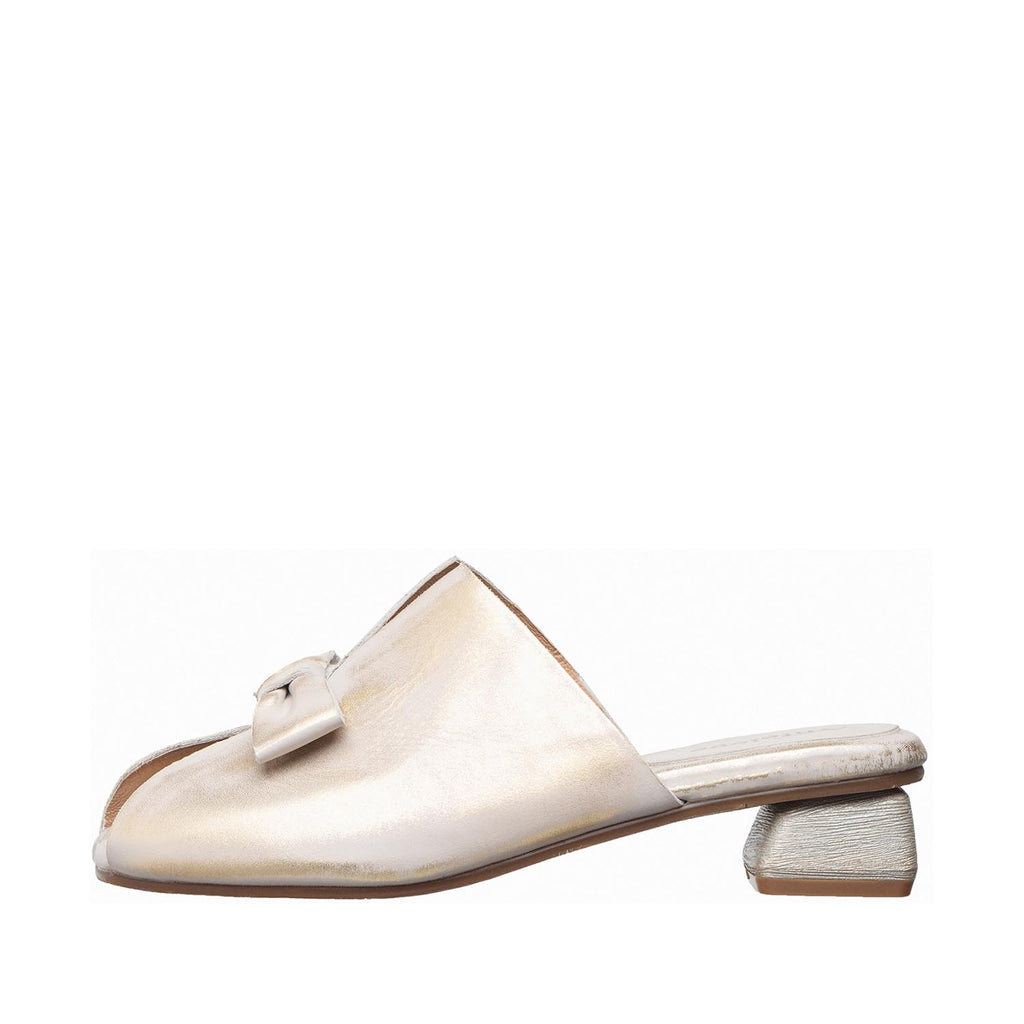 Womens Metallic Leather Bow Mules Low Block Heel Chic Comfort - Natural - View 7 | B02 Leigh