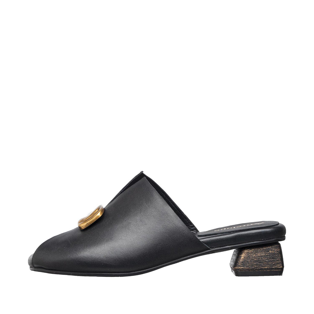 Womens Leather Mule Slides Gold Buckle Block Heel Comfort - Black - View 3 | B06 Lydia