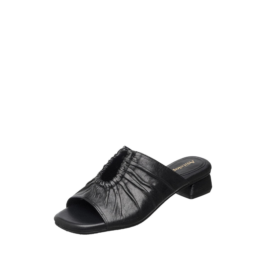 Womens Ruched Leather Slide Mules Low Heel Comfort - Black - View 7 | B07 Leah