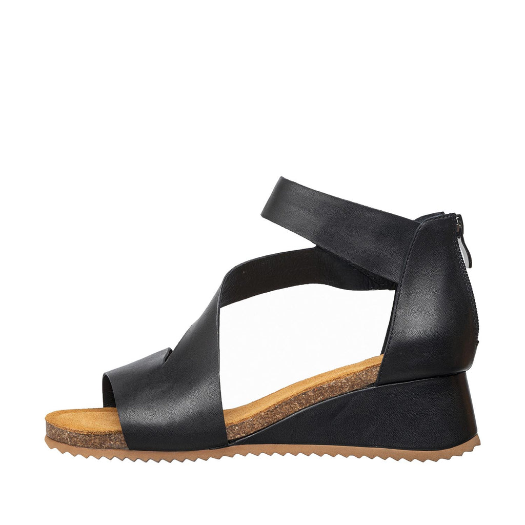Womens Leather Cross Strap Wedge Sandals Comfort Style - Black - View 2 | B86 Davi Flex