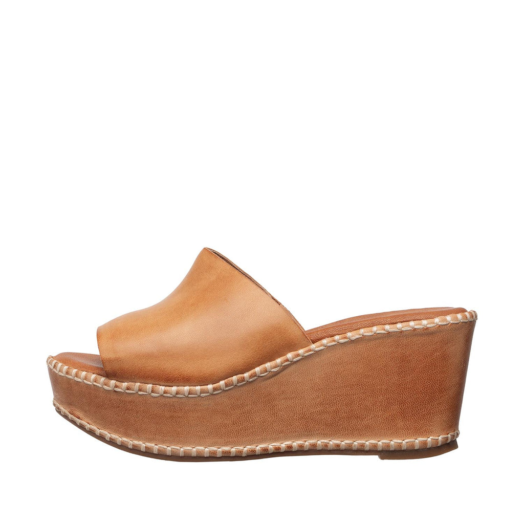 Womens Leather Platform Wedge Mules Slip On Comfort - Tan - View 2 | H53 Alyssa