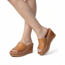 Womens Leather Platform Wedge Mules Slip On Comfort - Tan - Thumbnail 1 | H53 Alyssa
