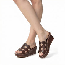 Womens Woven Leather Wedge Sandals Platform Comfort Style - Coffee - Thumbnail 1 | H54 Opal
