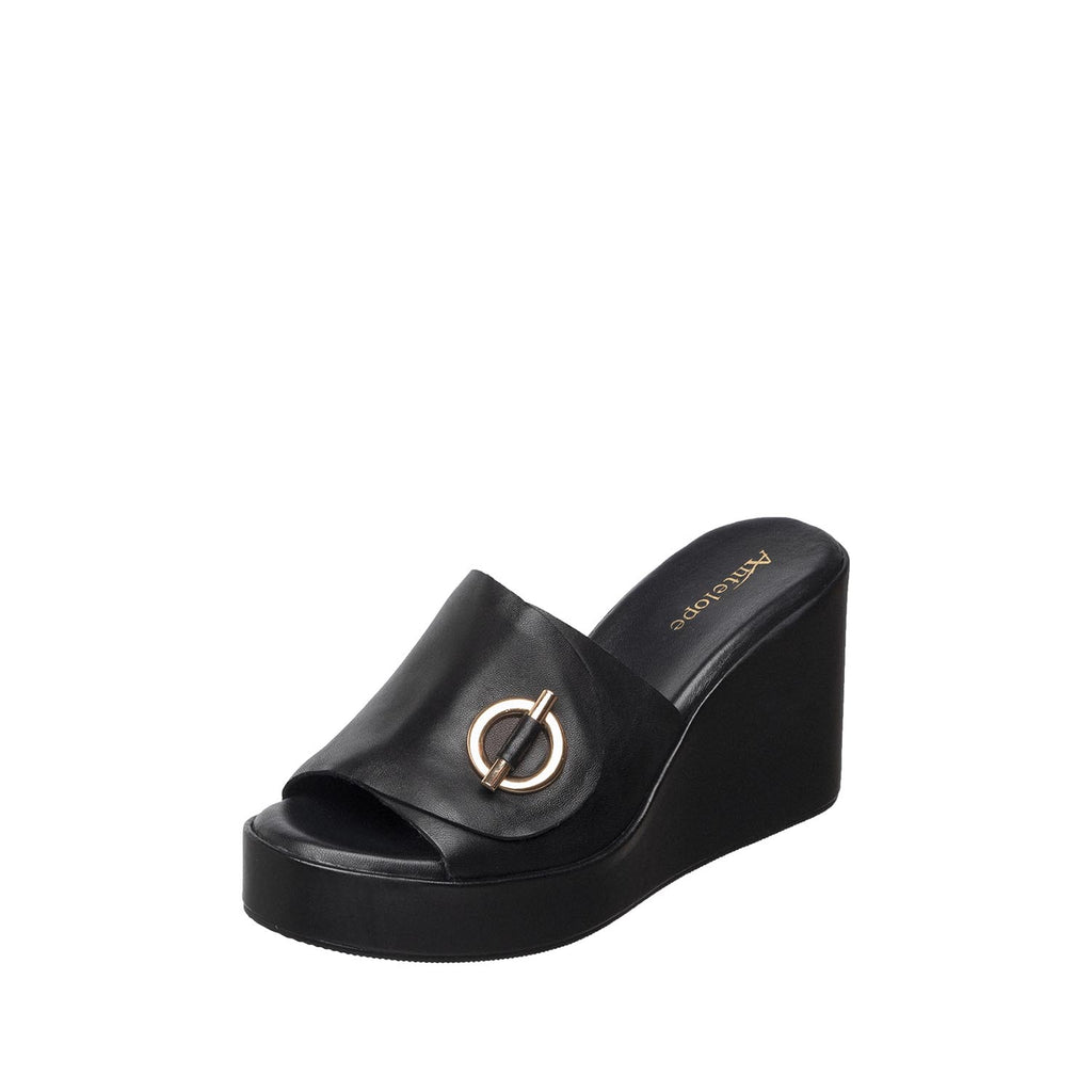 Womens Platform Wedge Slide Sandals Toggle Detail Comfort Chic - Black - View 7 | I45 Jupiter