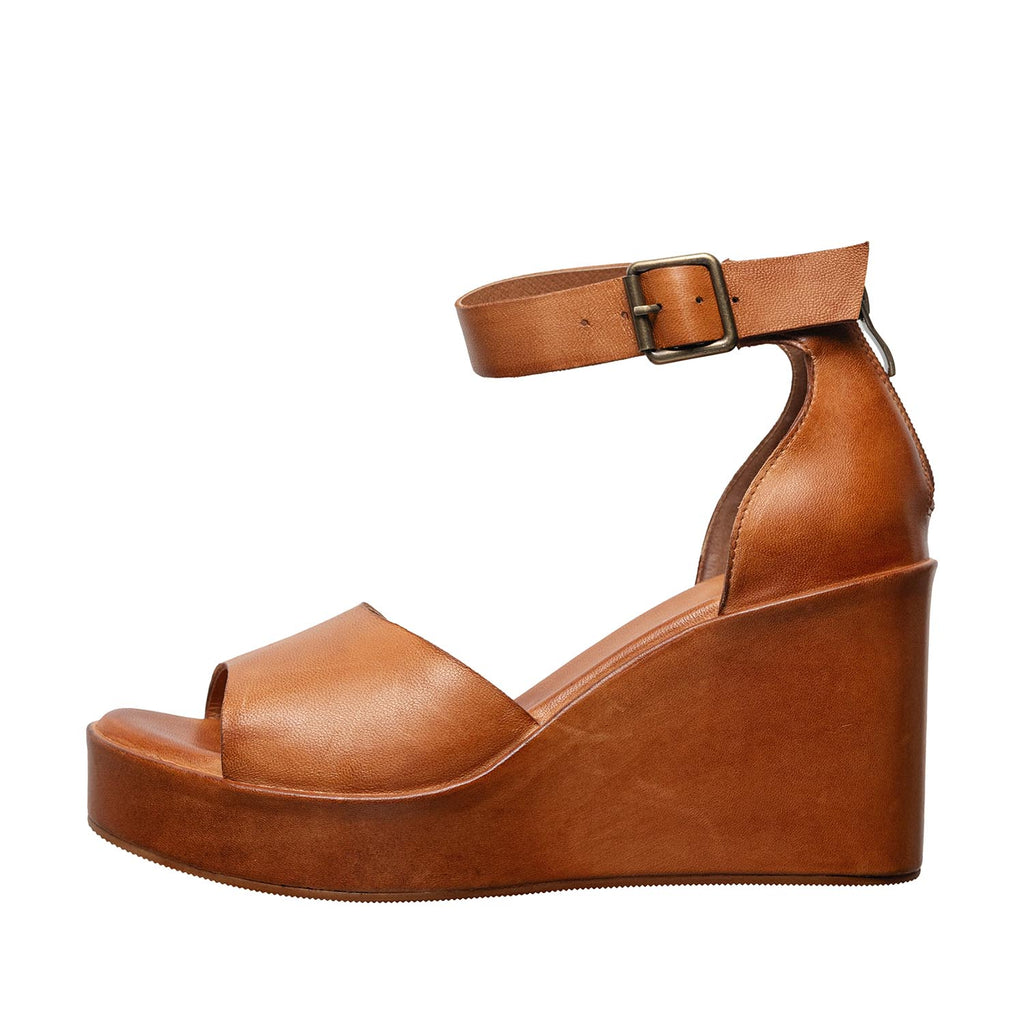 Womens Leather Ankle Strap Platform Wedge Sandals - Tan - View 3 | I47 Janie