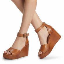 Womens Leather Ankle Strap Platform Wedge Sandals - Tan - Thumbnail 1 | I47 Janie
