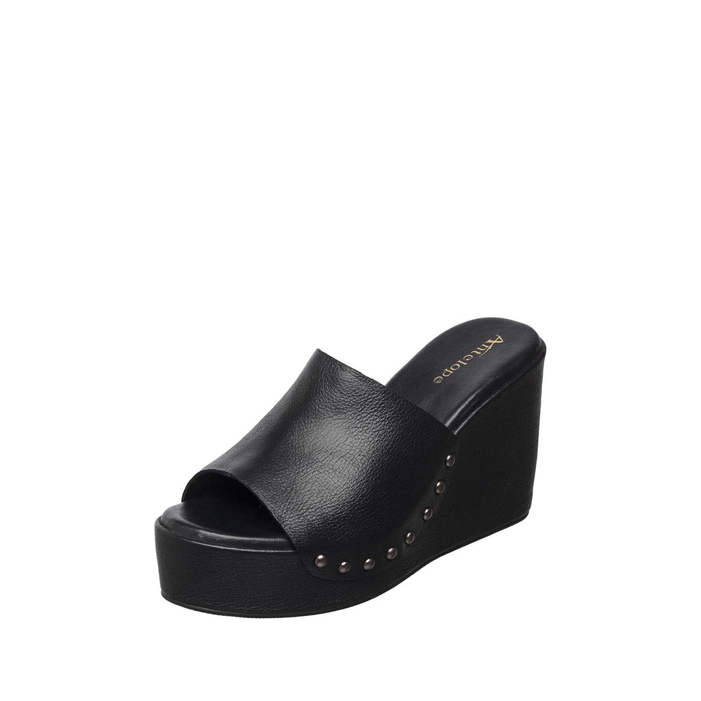 Womens Leather Wedge Mules Platform Studded Comfort Style - Black - View 7 | I59 Aria