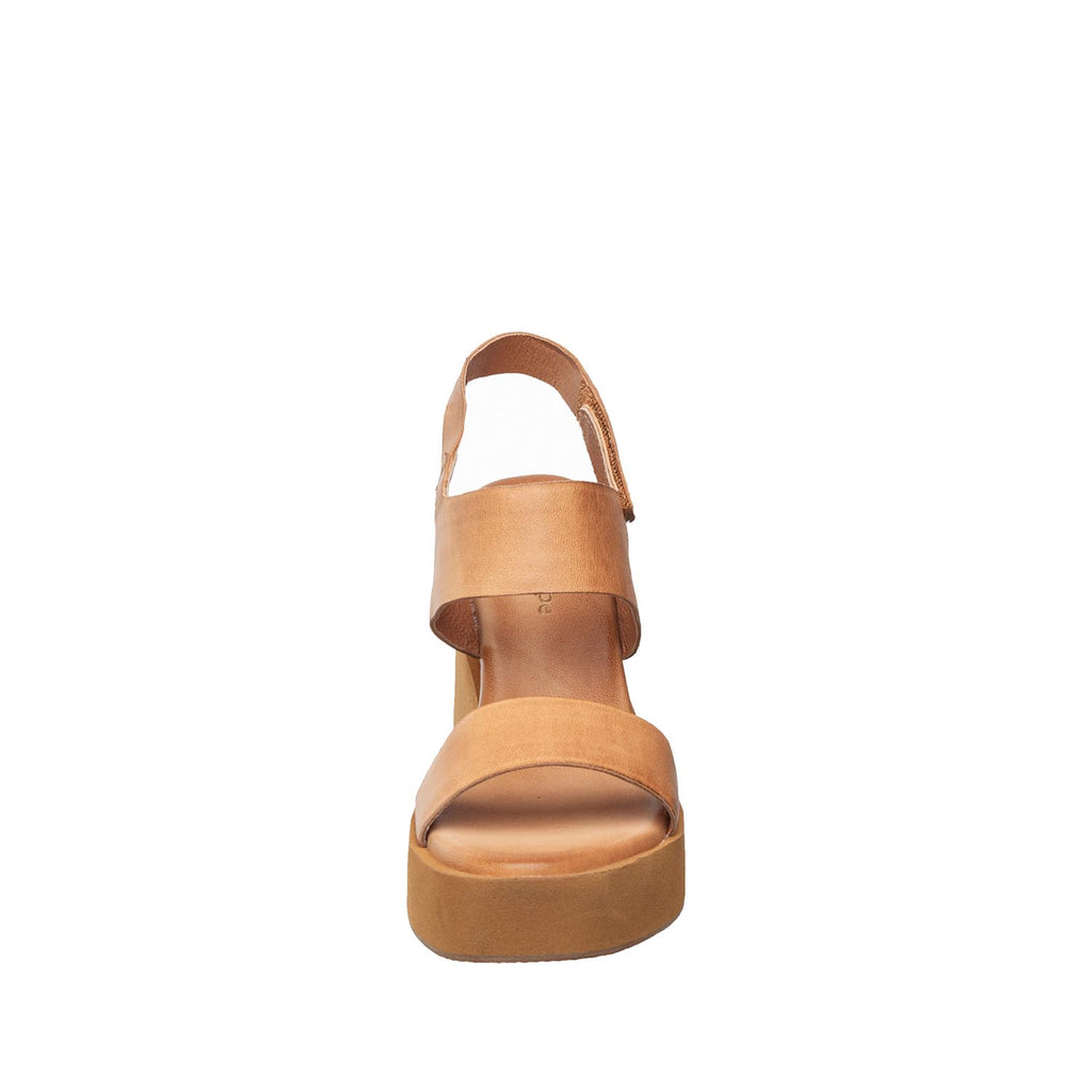 Womens Leather Double Band Platform Wedge Sandals - Tan - View 4 | I78 Jill