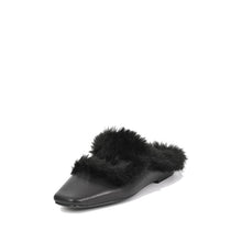 Fur Trim Flat Mules Nappa Leather Slip On - Black - Thumbnail 1 | J11 Anni

