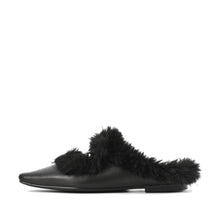 Fur Trim Flat Mules Nappa Leather Slip On - Black - Thumbnail 2 | J11 Anni
