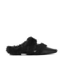 Fur Trim Flat Mules Nappa Leather Slip On - Black - Thumbnail 3 | J11 Anni
