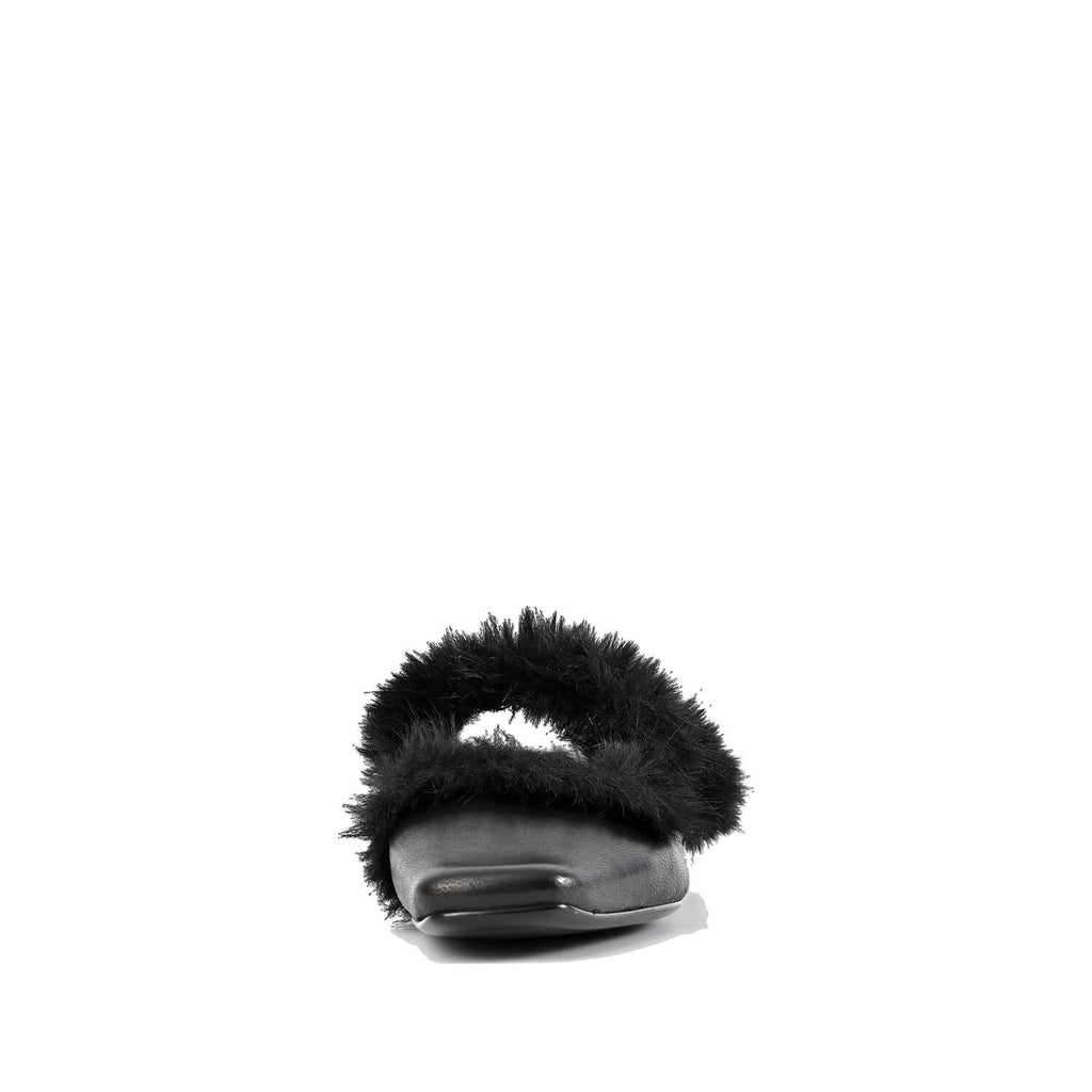 Fur Trim Flat Mules Nappa Leather Slip On - Black - View 4 | J11 Anni