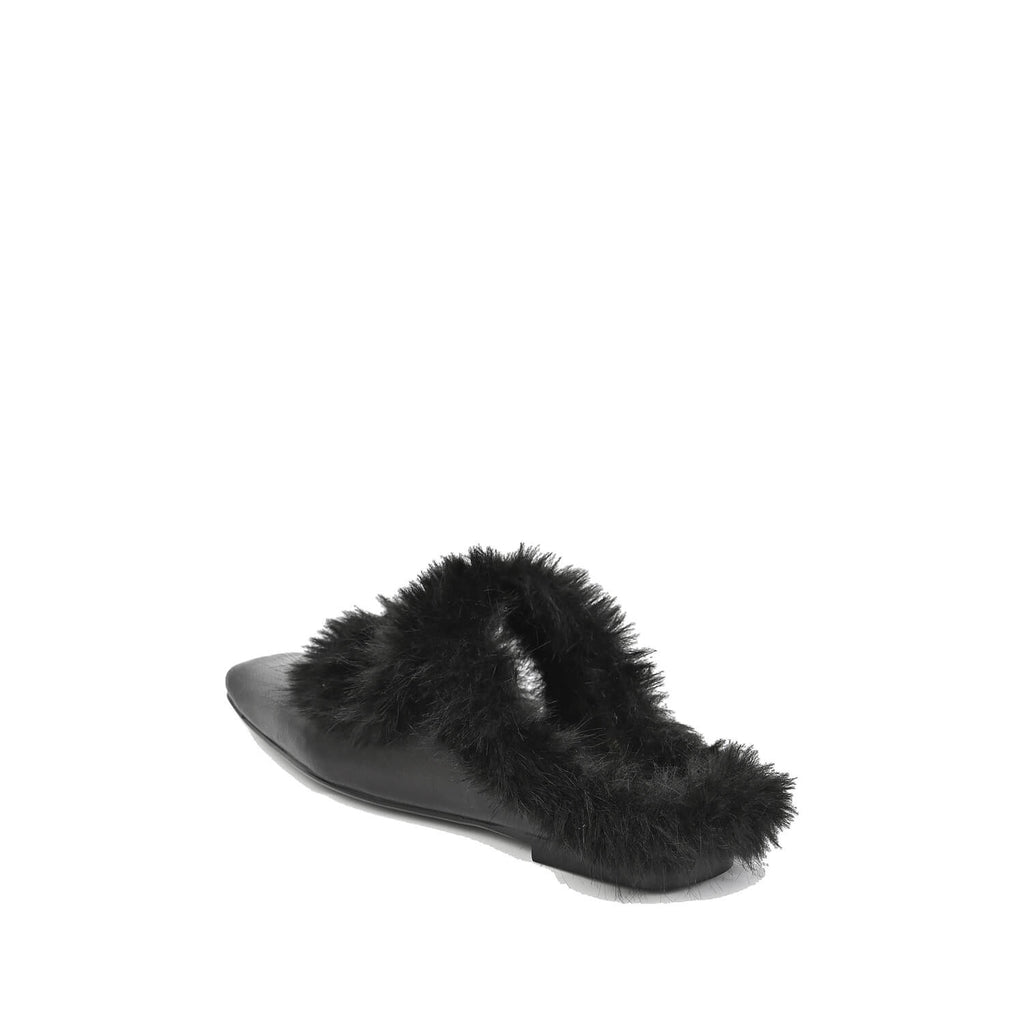 Fur Trim Flat Mules Nappa Leather Slip On - Black - View 5 | J11 Anni