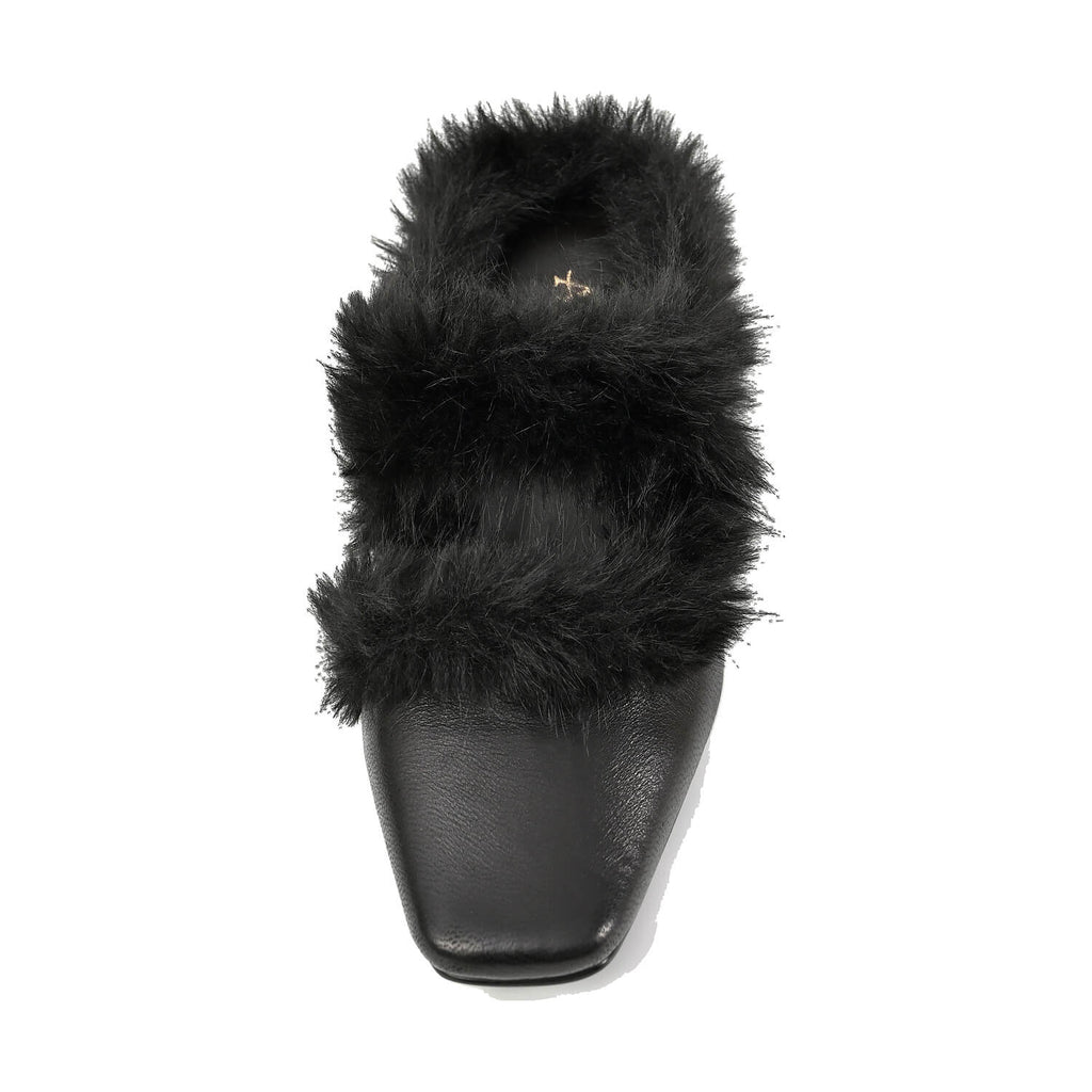 Fur Trim Flat Mules Nappa Leather Slip On - Black - View 13 | J11 Anni