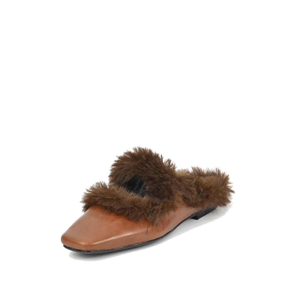 Fur Trim Flat Mules Nappa Leather Slip On - Cognac - View 6 | J11 Anni