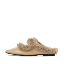 Fur Trim Flat Mules Nappa Leather Slip On - Stone - Thumbnail 12 | J11 Anni

