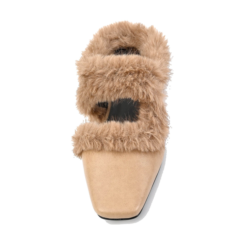 Fur Trim Flat Mules Nappa Leather Slip On - Stone - View 7 | J11 Anni