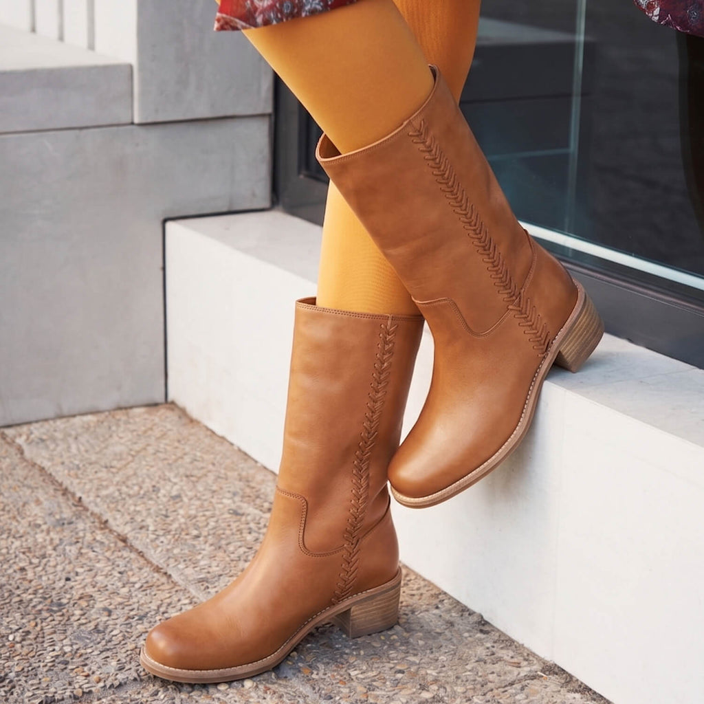 Tall Leather Boots for Women Braided Seam Detail - Taupe - View 7 | M61 Celeste