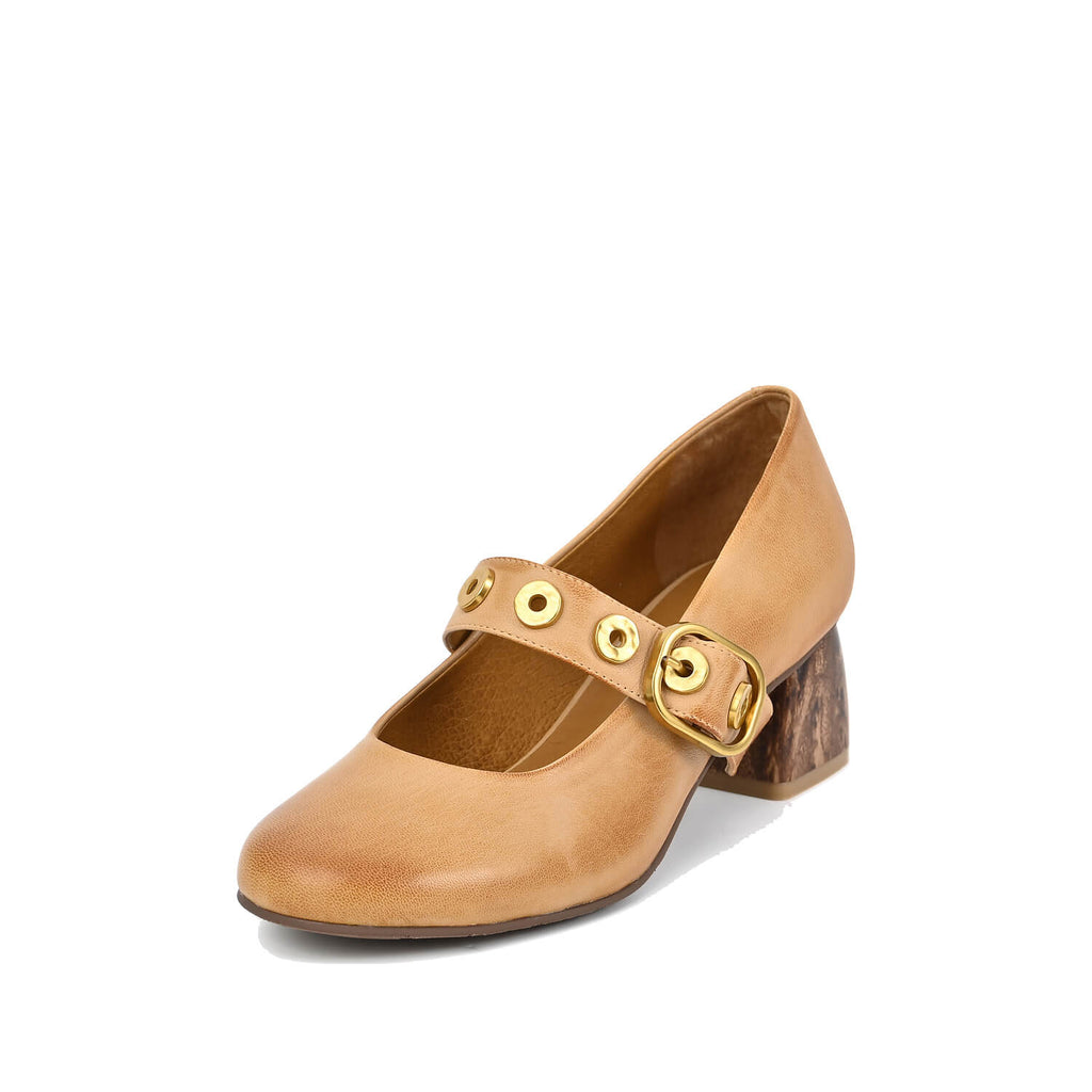 Black Mary Jane Shoes Buckle Strap Low Heel - Camel - View 8 | M77 Gigi