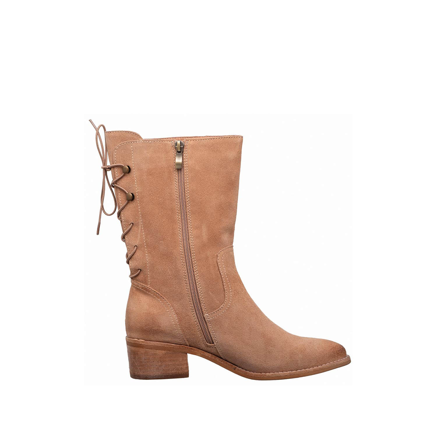 Antelope O41 Trinity blush suede mid-calf boot showing the side zipper and lace-back