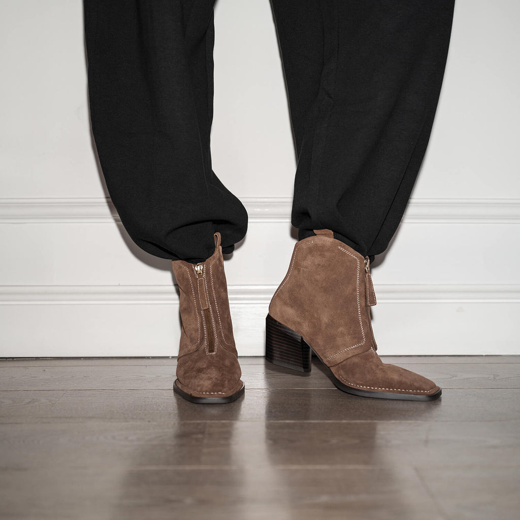 Suede Ankle Boots Front Zip Square Toe - Mocha - View 12 | O60 Jordan