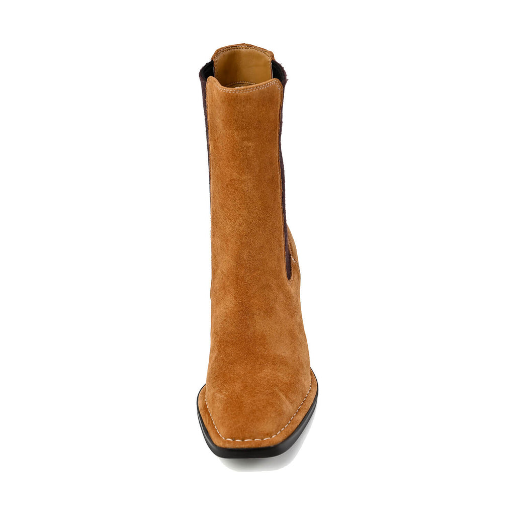 Suede Chelsea Boots Elastic Panel Pointed Toe - Cognac - View 7 | O65 Jane