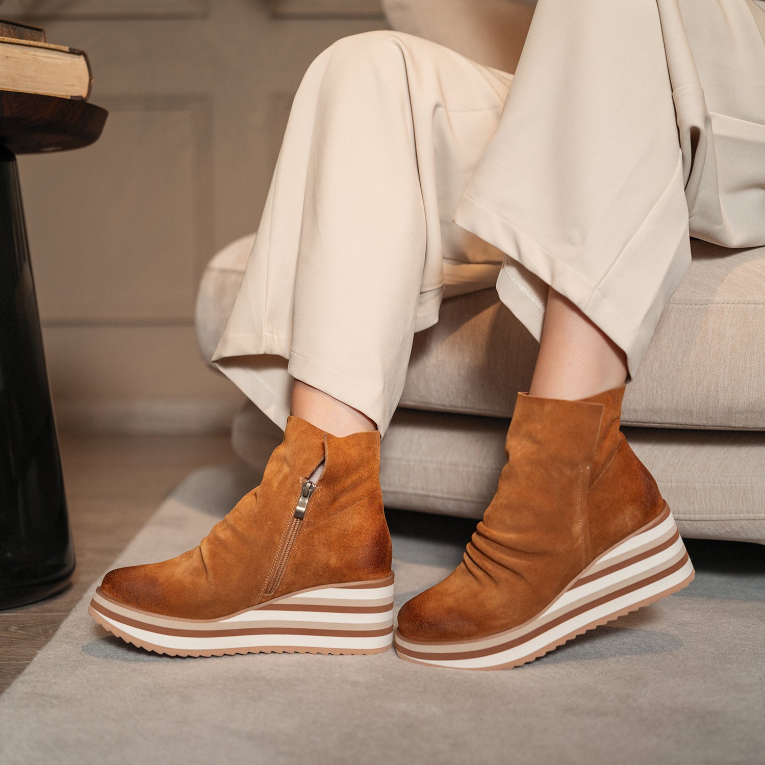 Antelope Q77 Kirsten slouchy suede ankle boots in cognac on a striped platform wedge