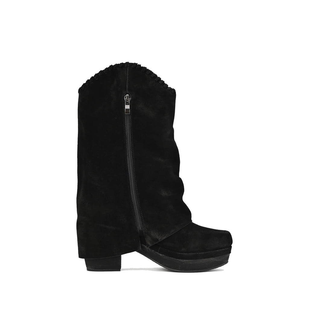 Fold Over Boots Mid Calf Suede Platform - Black - View 4 | R39 Talia